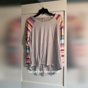 Gray Top with Colorful Striped Sleeves